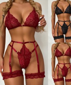 3-Piece Floral Lace Lingerie Set with Garter Belt & Thigh Cuffs
