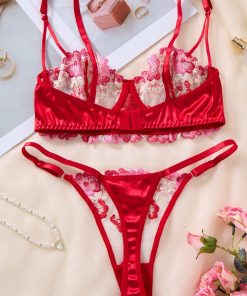 Red Satin & Pink Floral Embroidered Strappy Lingerie Set