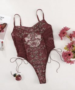 Sheer Butterfly Applique Lingerie Teddy with Lace-Up Sides