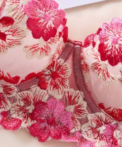 Alternative view of Red Satin & Pink Floral Embroidered Strappy Lingerie Set