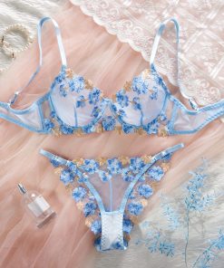 Blue Floral Embroidered Sheer Mesh Lingerie Set
