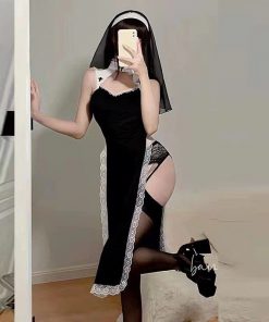 Sexy Nun Role Play Lingerie Set With High Slit