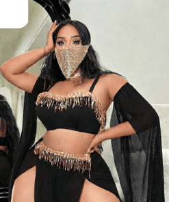 Alternative view of Black Crop Top and High Slit Skirt Set with Gold Tassels