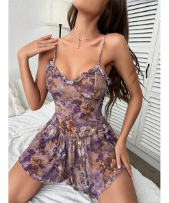 Romantic Vintage-Inspired Purple Flower Bodysuit Lingerie
