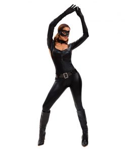 Black Faux Leather Catwoman Costume Jumpsuit with Mask