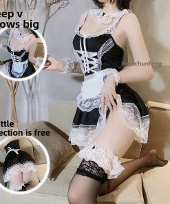 French Maid Cosplay Lingerie Set with Lace Trim and Garter