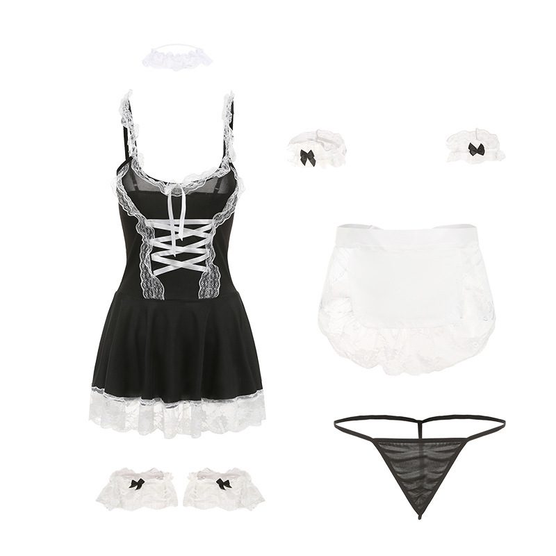 French Maid Cosplay Lingerie Set with Lace Trim and Garter - Image 5